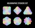 Holographic stickers mockup. Realistic hologram labels of different shapes with rumpled wrinkles. Blank holographic tags or labels